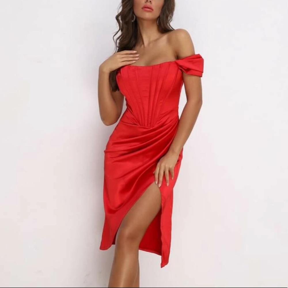 Red Satin Corset Off Shoulder Slit Dress